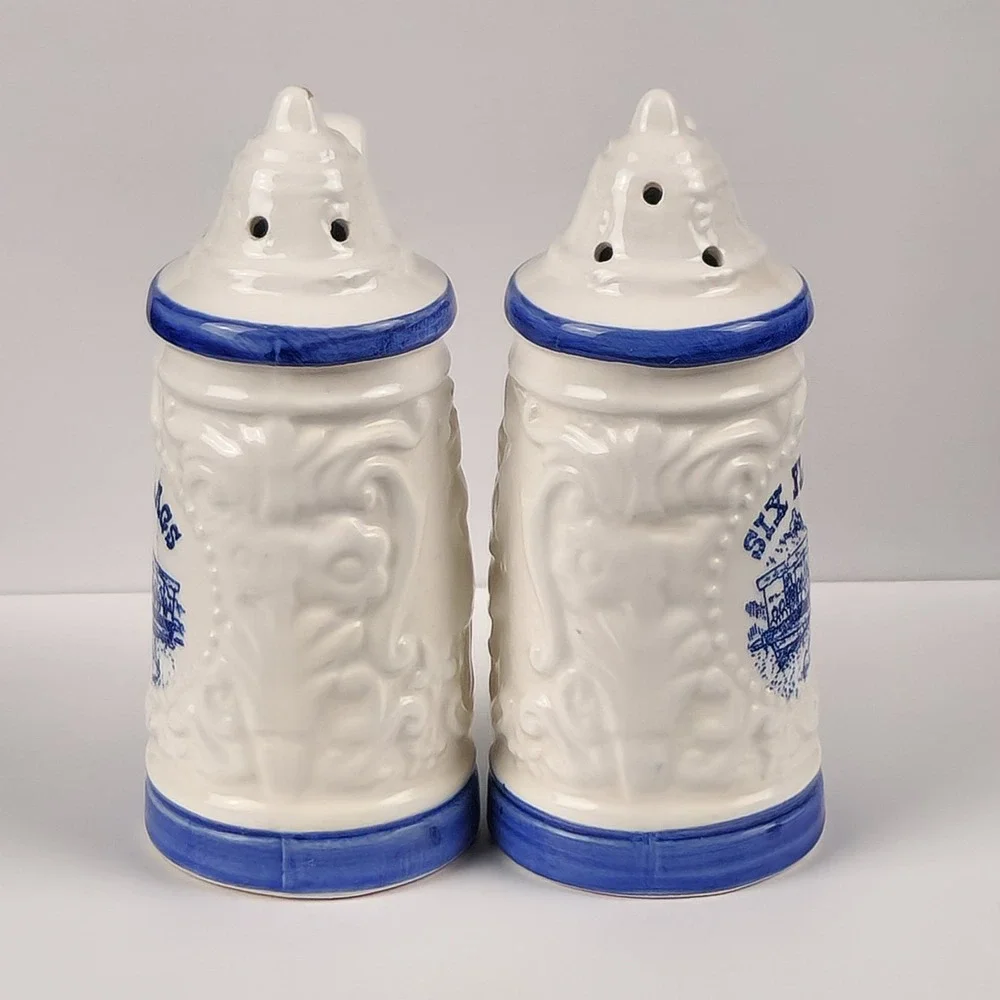Vintage Six Flags Salt and Pepper Shakers Beer‎ Stein Japan Blue White Ceramic